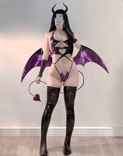 KORURACLUB Succubus Costume PU Devil Cosplay Lingerie Set