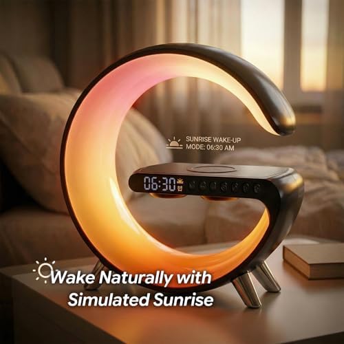 Smart LED Table Lamp for Bedroom with Wireless Charging Bluetooth Speaker, App Controlled Night Light for Kids, Christmas Birthday Gifts for Teens Adults Desk Office Bedroom Decor (Black