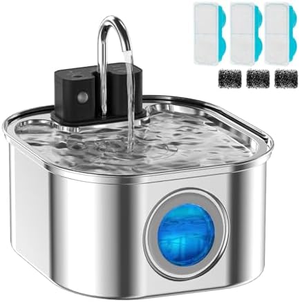 Wireless Cat Water Fountain with 3 Filters + 3 Sponges,[Rechargeable & Faucet ] Stainless Steel Battery Operated,108oz/ 3.2l Automatic Cordless Pet Fountain -Dog Fountain with 4200 Mah Battery