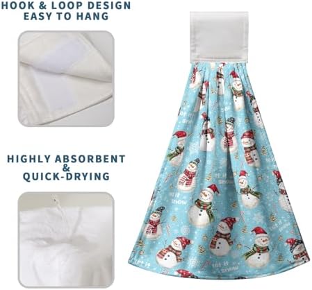 Christmas Winter Snowman Hanging Hand Towels Set of 2 Blue Snowflakes Xmas Holiday Kitchen Towels with Hanging Loop Tea Bar Dish Cloth Towels Soft Absorbent Fingertip Fast Dry Bath Towels