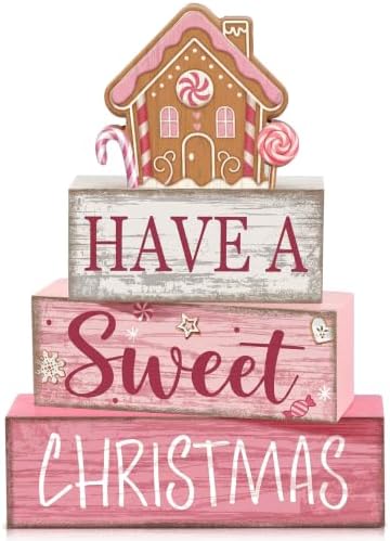 Lineshading 4 Pcs Pink Christmas Table Decor, Sweet Gingerbread Block Sign