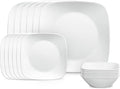 Corelle Vitrelle 18-Piece Service for 6 Square Dinnerware Set Triple Layer Glass and Chip Resistant, Lightweight Square Plates and Bowls Set, Pure White