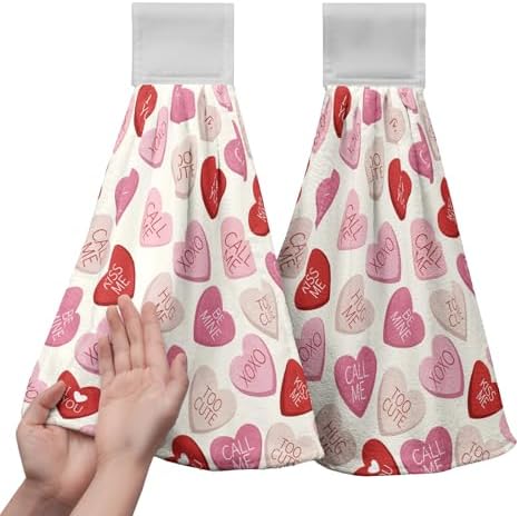 Valentines Day Kitchen Hanging Towels Red Pink Heart True Love Hand Towel with Hanging Loops Valentine Holiday Wedding Dish Washcloths Soft Absorbent Fingertip Dish Tea Bar Tie Towel Set of 2