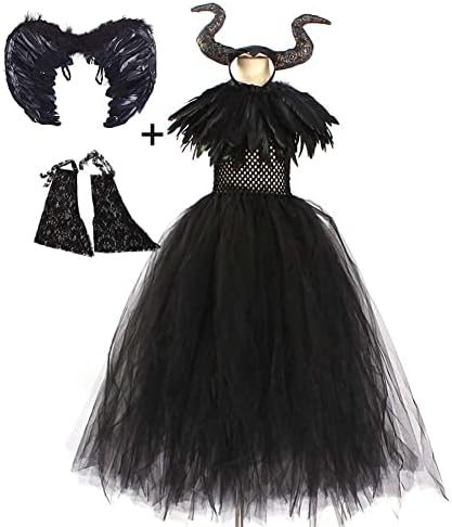 OBEEII Kids Girls Witch Costume Handmade Knitted Tulle Dress Evil Queen Dress Up Costume for Halloween Carnival Cosplay