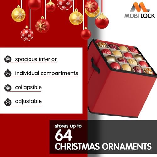 Mobi Lock Christmas Ornament Storage Box with Dividers - Holiday Ornament Organizer Bag - Holds 64 Balls - Durable Red Fabric Container, No Tray - Foldable Xmas Decorations Storage