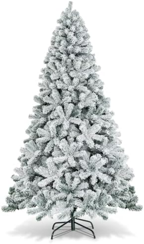 HAPPYGRILL 7.5 Feet Flocked Christmas Tree Artificial Xmas Tree with 1010 PVC Branch Tips, Hinged Xmas Tree Life-Like Seasonal Holiday Tree for Home Office