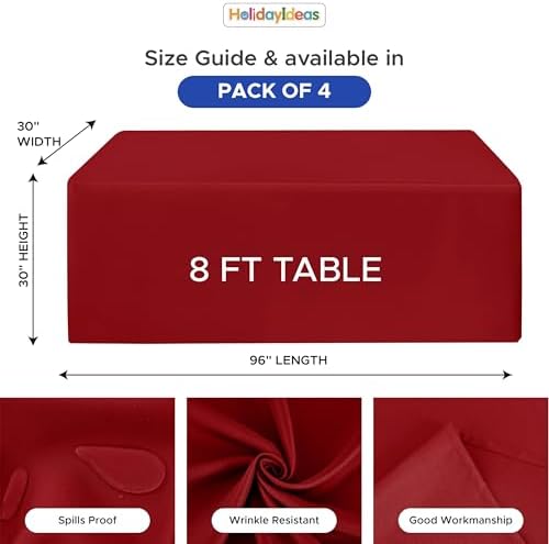 HolidayIdeas 4-Pack Red Fitted Tablecloth for 8ft Tables Christmas Decor