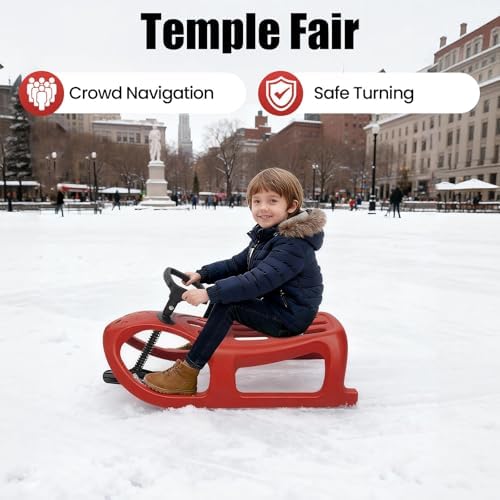 Childrens Snow Sled with Steering Wheel, Single Rider Outdoor Winter Sleigh for Toddlers Kids, Includes Pull Rope, Durable Blow Molded Construction, Red