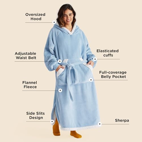 Bedsure Wearable Blanket Hoodie, Long Hooded Blanket Sweatshirt as Birthday Gifts for Women, Cozy Sherpa Hoodie for Adult, Standard, Sky Blue
