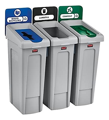 Rubbermaid Commercial Products SLIM JIM Recycling Station 3-Stream Landfill/Mixed Recycling/Compost Bin/Can/Kit/Station, 23 Gal, for Kitchen/Classroom/Office/Education/Commercial Facilities
