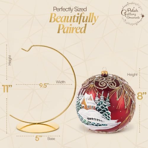 Hand Blown Glass Christmas Ornaments Ball, Chapel Cranberry 8 in + Stand