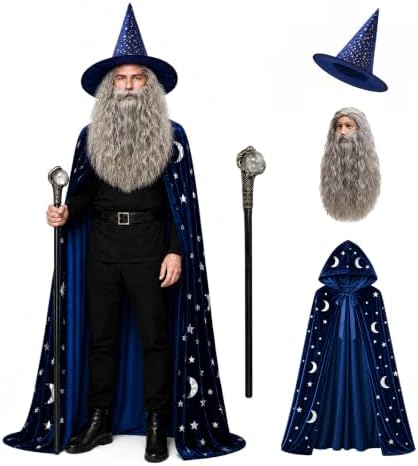 Wizard Costume Men with Wig Wizard Outfit Adult Warlock Robe