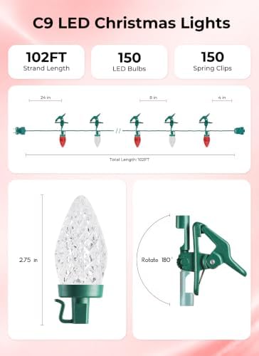 Brightown Christmas Lights Outdoor, 102FT 150LED C9 String Light with Clips