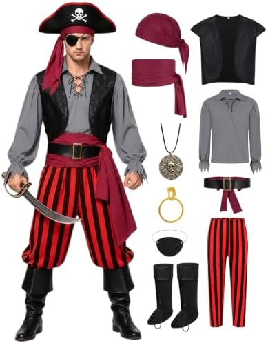 9pcs Adult Halloween Pirate Costume for Men with Accessories