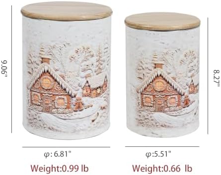Christmas Canister Set of 2, Embossed Gingerbread House Metal Storage Jars with Wooden Lids, Winter Snow Village Decorative Cookie Tins for Candy Treats, Farmhouse Xmas Kitchen Countertop Home Decor