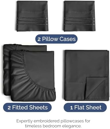 Split King Size 5 Piece Sheet Set - Breathable & Cooling Sheets - Black