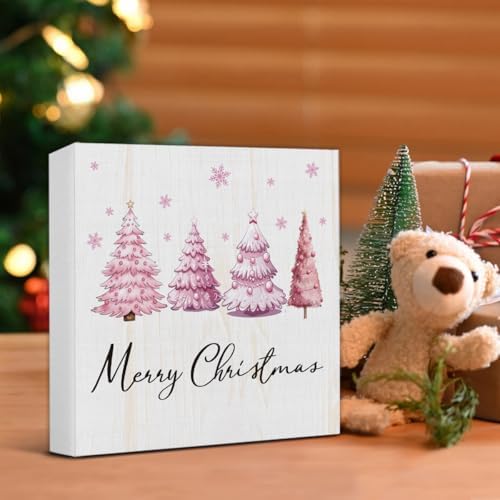 Merry Christmas Decorations - Pink Christmas Tree Wooden Sign