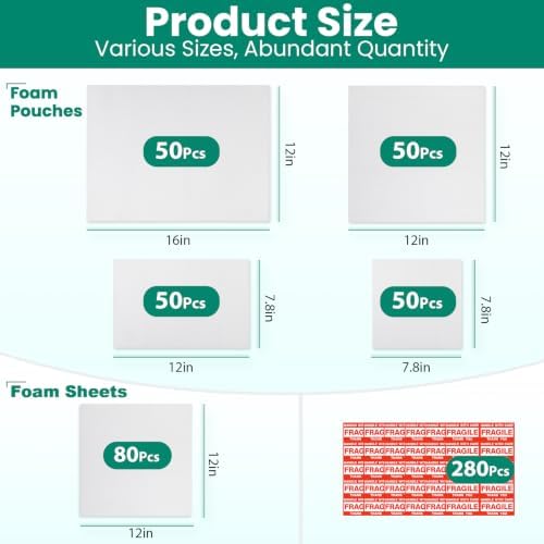 560Pcs Dish Packing Supplies for Moving, 280Thickened High-Density Foam Wrap Pouches & Sheets for Plates and Fragile Shipping Storage, 4 Sizes (16x12",12x12",12x7.8",7.8x7.8")with 280 Fragile Stickers