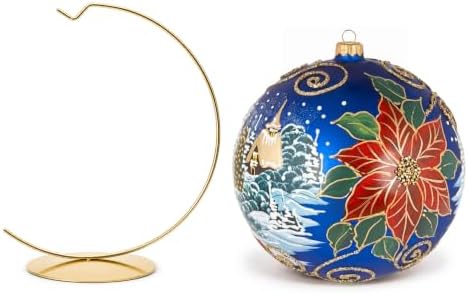 Hand Blown Glass Christmas Ornaments Ball, Wintry Navy 8 in + Stand