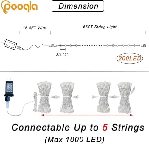 Pooqla 200 LED String Lights Indoor Outdoor, 66 ft Colorful Christmas Lights Plug in with Timer, Connectable 8 Modes Waterproof Clear Wire Twinkle Fairy Lights for Bedroom Party Classroom Decor