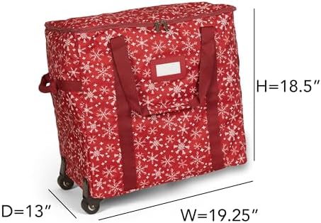 Covermates Keepsakes Rolling Adjustable Ornament Storage Bag – Heavy-Duty Polyester, FlexGrid Trays & Padded Dividers – Protective Holiday Organizer with Wheels, Handles & ID Window, Red Snowflake