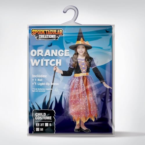 Spooktacular Creations Witch Costume Kids, Light Up Halloween Costumes Witch Dress with Hat and Broom for Girls, Sweet Wizard Set for Toddler Scary Halloween Themed Parties, Orange, 3T