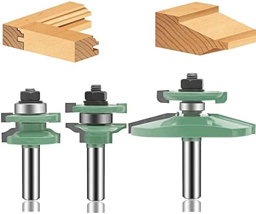 LEATBUY 3 PCS Router Bit Set 1/2-Inch Shank Round Panel Cabinet Door Rail Stile Router Bits Sets, Woodworking Wood Cutter, Carbide Groove Tongue Milling Tool (Round)