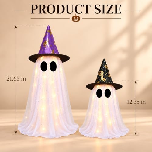 2 Pack Lighted Halloween Ghost Decorations Indoor Outdoor, Cute Glowing Freestanding Ghosts with Witch Hat & Telescopic Stand, 8 Lighting Mode Battery Operated Light Up Spooky Room Tabletop Home Decor