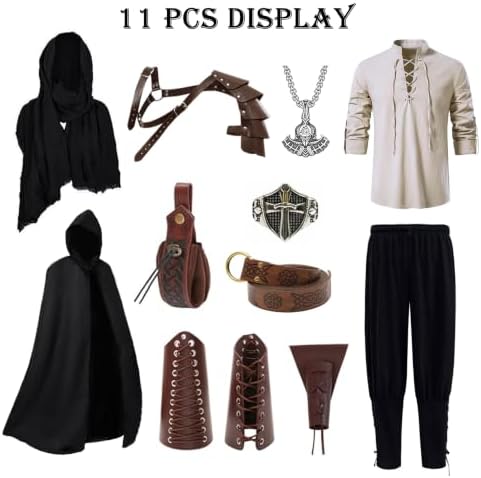 Akokvlar 10 Pcs Men Renaissance Costume Medieval Pirate Shirt Ankle Banded Pants Viking Outfit Set
