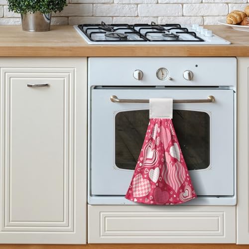 Happy Valentine's Day Hanging Kitchen Towels Set of 2 Hot Pink Love Hand Towel with Hanging Loop Bright Boho Heart Bath Tie Towel Soft Absorbent Dish Tea Towels for Bathroom
