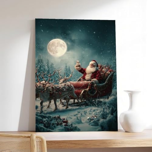 JDBeehpy Santa Claus Sleigh Reindeer Canvas Painting Unframed 16x24inch
