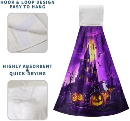 Halloween Haunted Castle Kitchen Hanging Towels Full Moon Pumpkin Ghost Witch Hand Tie Towel with Hanging Loops Dish Towels Washcloth Soft Absorbent for Bathroom Set of 2