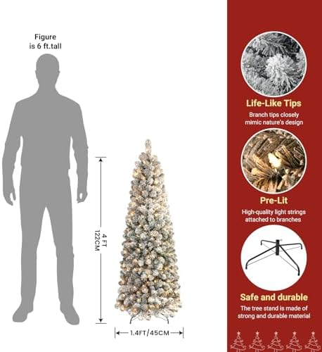 SHareconn 4ft Prelit Snow Flocked Artificial Slim Pencil Christmas Tree