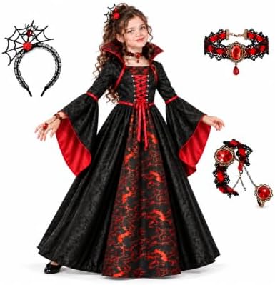 Girls Vampire Costume, Vampiress Dress with Headpiece, Necklace and Bracelet, Halloween Cosplay Outfit for Kids