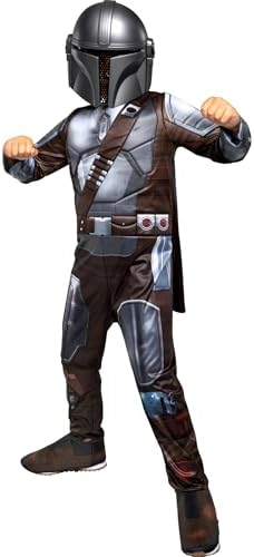 STAR WARS The Mandalorian Official Youth Halloween Costume - Premium Quality Padded Jumpsuit with Plastic Mask and Detachable Cape (M)