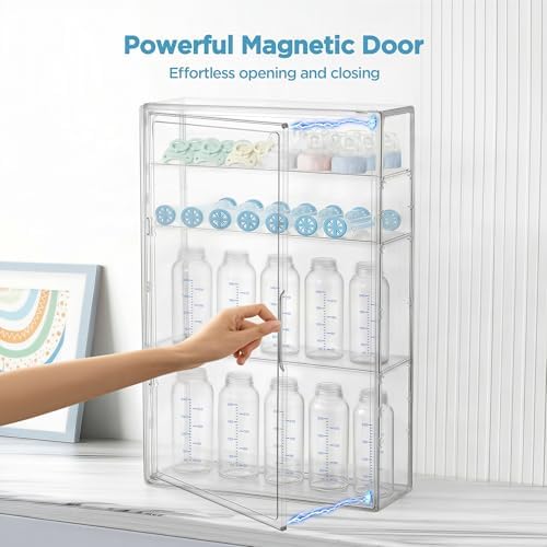 HBlife Baby Bottle Storage Organizer for Wall Countertop Cabinet, 4 Tiers Adjustable Clear Acrylic Bottles Storage Station Case Box Container with 3 Removable Dividers and Magnetic Door, Large