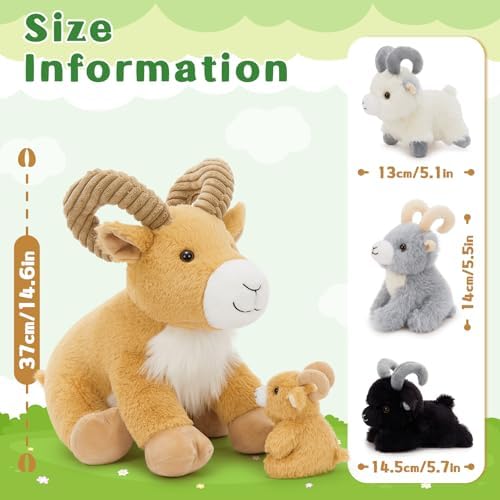 MorisMos Goat Stuffed Animal, 15" Mama Goat Plush with 4 Baby Goats
