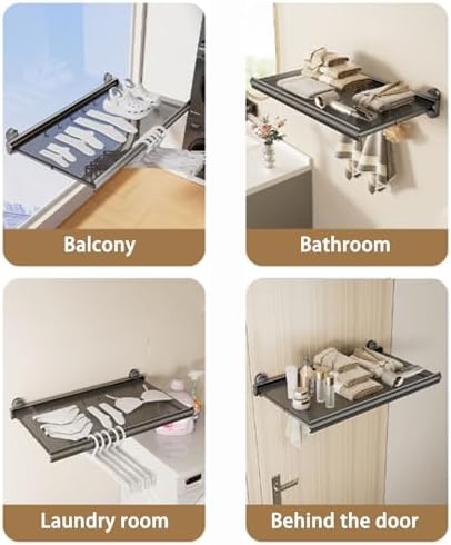 Foldable Wall-Mounted Laundry Drying Rack, Space-Saving Indoor Clothes Dryer, No-Punch Hidden Drying Net for Balcony, Bathroom, Laundry Room, Gray (23.6in)