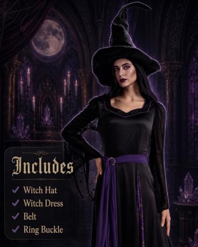 Women’s Witch Costume, Halloween Dress Outfit with Witch Hat and Belt S-2XL