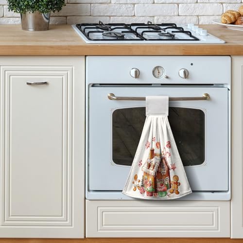 Christmas Gingerbread Man Hanging Kitchen Towels Cookies Candy Cane Hand Towel with Hanging Loop Ginger Bread House Dish Towels Xmas Soft Absorbent Fingertip Bath Tea Towel Decor Set of 2