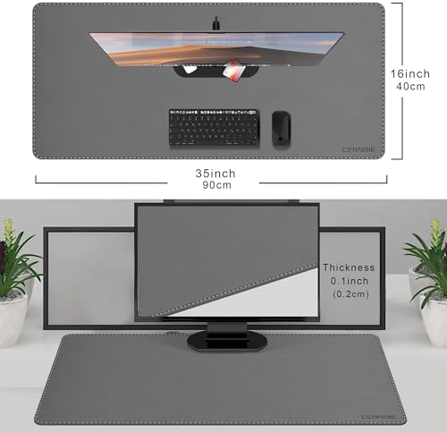 CENNBIE 35.5" x 16" Leather Desk Mat, Computer Mouse Pad for Office(Grey)