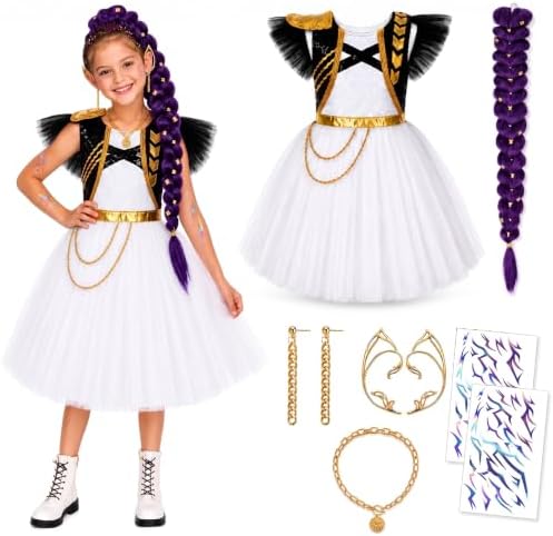 Halloween Costume Girls Pop Singer Costume Kids Cosplay Outfit Dress with Purple Braid Tattoo for Birthday Party
