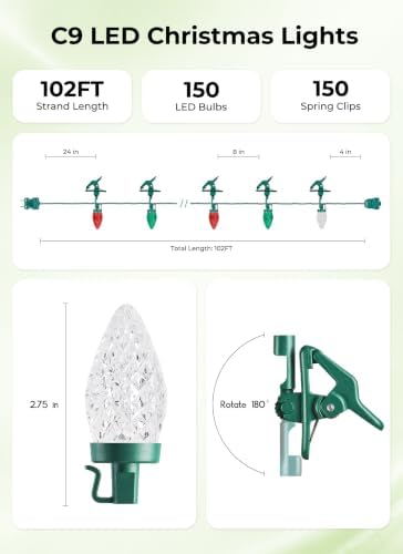 Brightown Christmas Lights Outdoor, 102FT 150LED C9 String Light with Clips