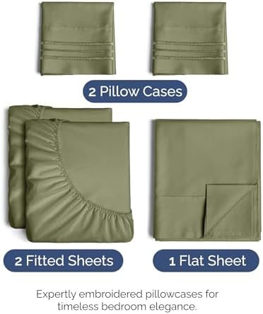 Split King Size 5 Piece Sheet Set - Comfy Breathable & Cooling - Sage Green
