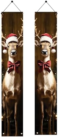 2PCS Christmas Porch Banner Decoration Reindeer Door Sign Hanging Decorations for Outdoor Indoor 71 x 12 Inch Front Door Xmas Decor Holiday Wall Fireplace Entryway Banner Party Supplies