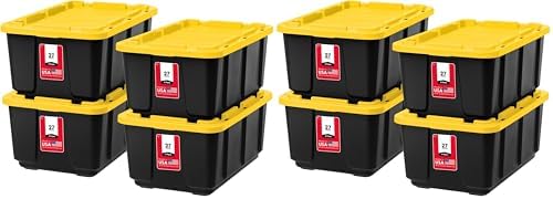 IRIS USA 8-Pack 27 Gallon Storage Bins with Lids |Made in USA| Heavy Duty Plastic Tote Containers for Truckbed Tool Box Organization, Large - Black/Yellow