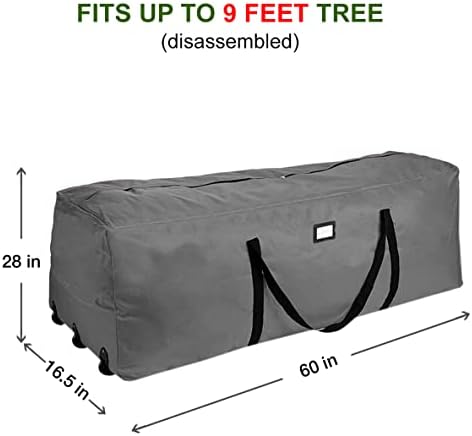 Rolling Tree Storage Bag, Fits Up to 9 ft. Disassembled Holiday Tree, 28" Height X 16" Wide X 60" Long, Extra Large Heavy Duty Storage Container with Wheels and Handles (Gray)