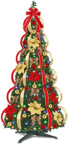 6 Ft Prelit Full Pop Up Christmas Tree, Pop Up Christmas Trees 200 Warm White LED Lights with Remote 8 Lighting Modes & Timer Plug in Collapsible Christmas Trees Outdoor Indoor Party Christmas Decor