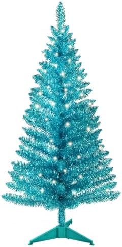 4ft Lighted Artificial Green Christmas Tree, Not Pre-lit Green Tinsel Pine Trees with Lights, Ideal for Ideal for Home, Office, and Xmas Party Décor - Includes Stand