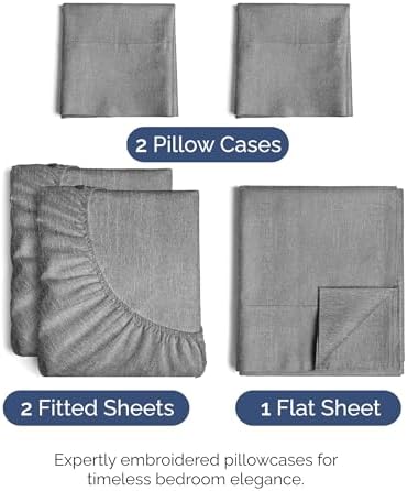 Split King Size 5 Piece Sheet Set - Breathable & Cooling - Heathered Grey